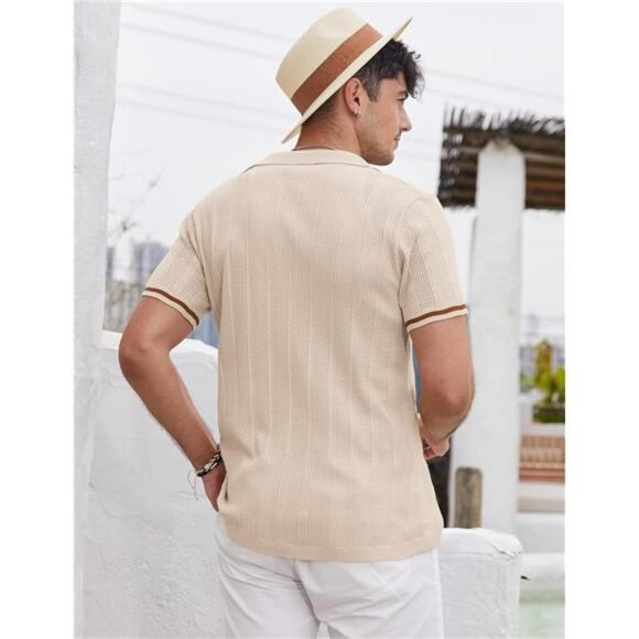 Men's Short Sleeve Knit Shirts Vintage Button Down Polo Shirt Casual Beach Top - Picture 6 of 7